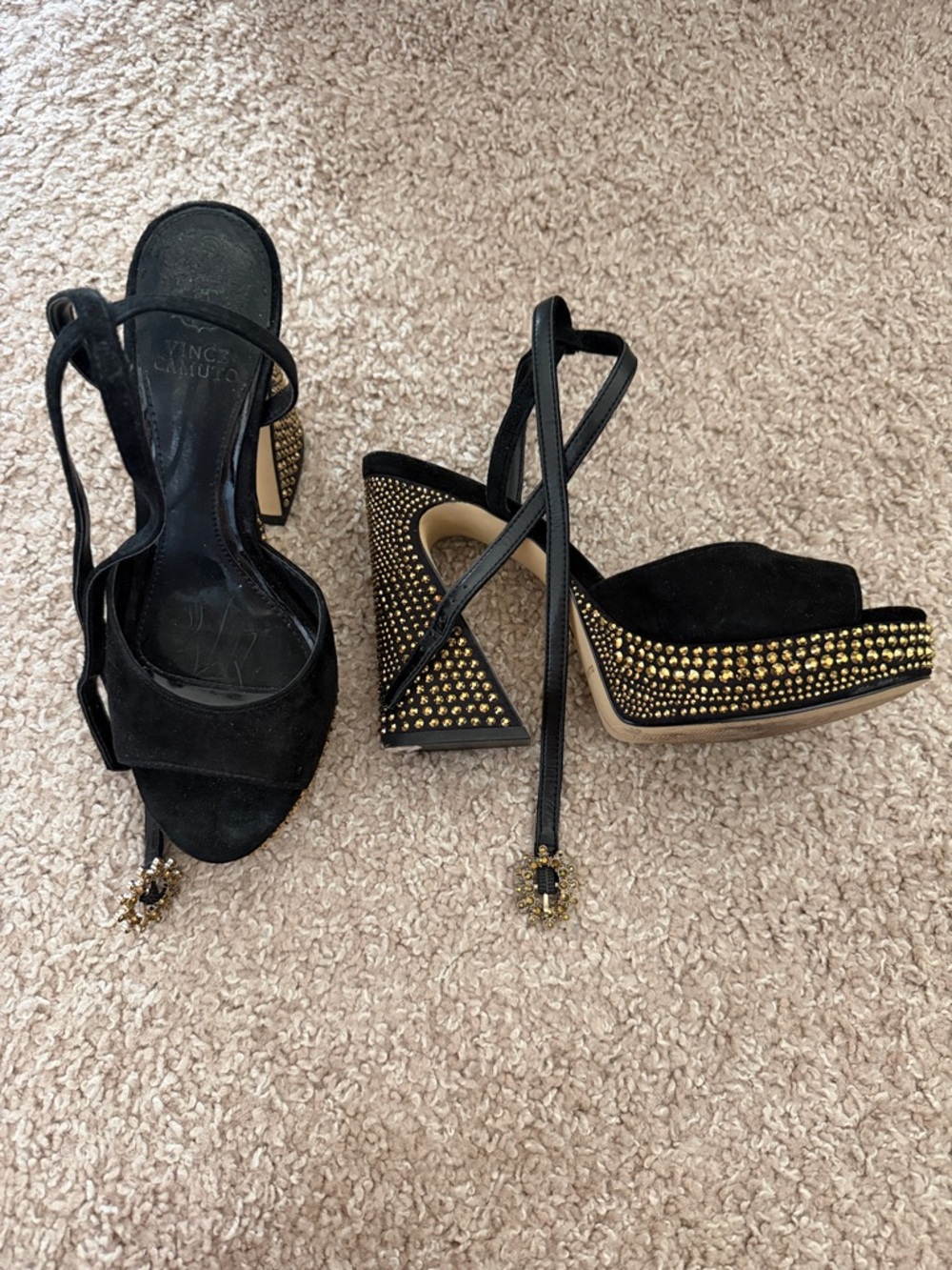 Vince Camuto Black Suede Platform Sandals with Gold Stud Accents